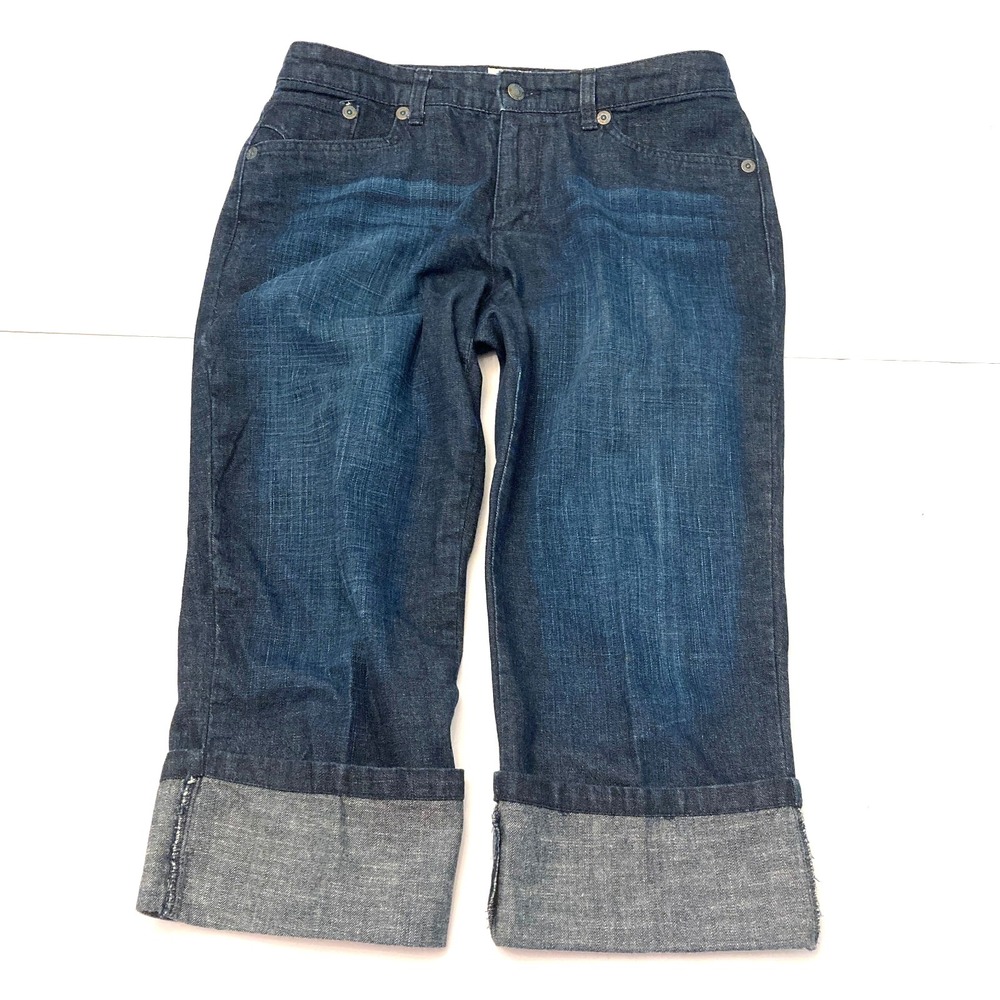 IZOD Jeans Mid Rise Cuffed Straight Leg Denim Capris Womens 8 Blue Whiskered - Picture 1 of 8